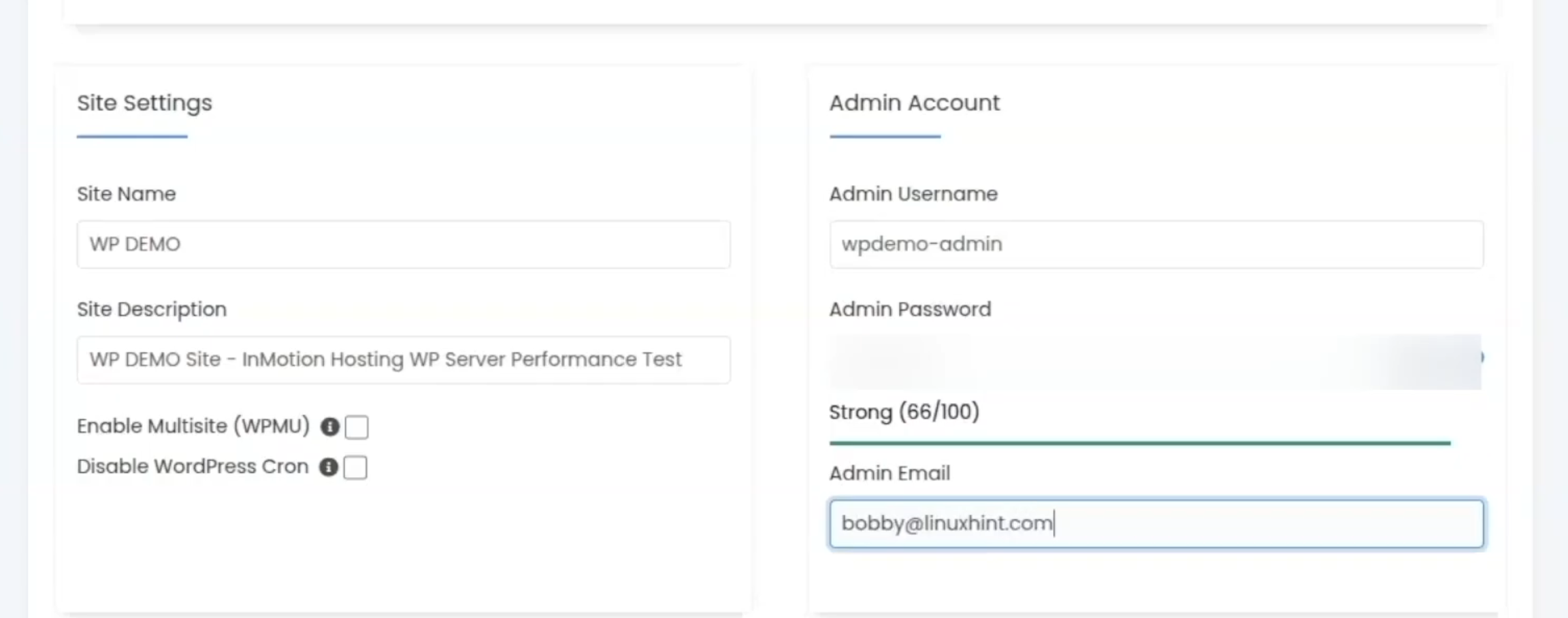 Softaculous WordPress installation form showing site name, site description, admin username, password strength, and admin email settings.
