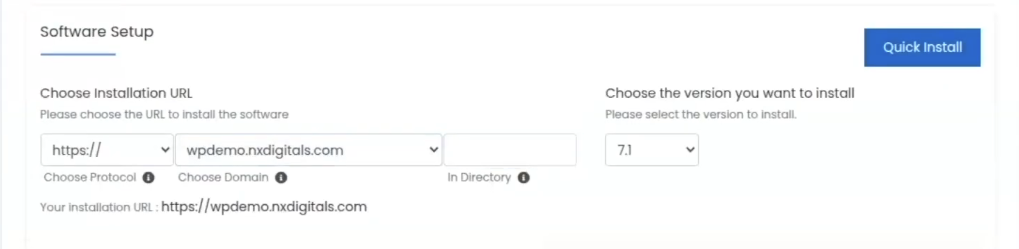 Softaculous WordPress installation settings showing HTTPS protocol, selected domain, installation directory, and WordPress version 7.1.