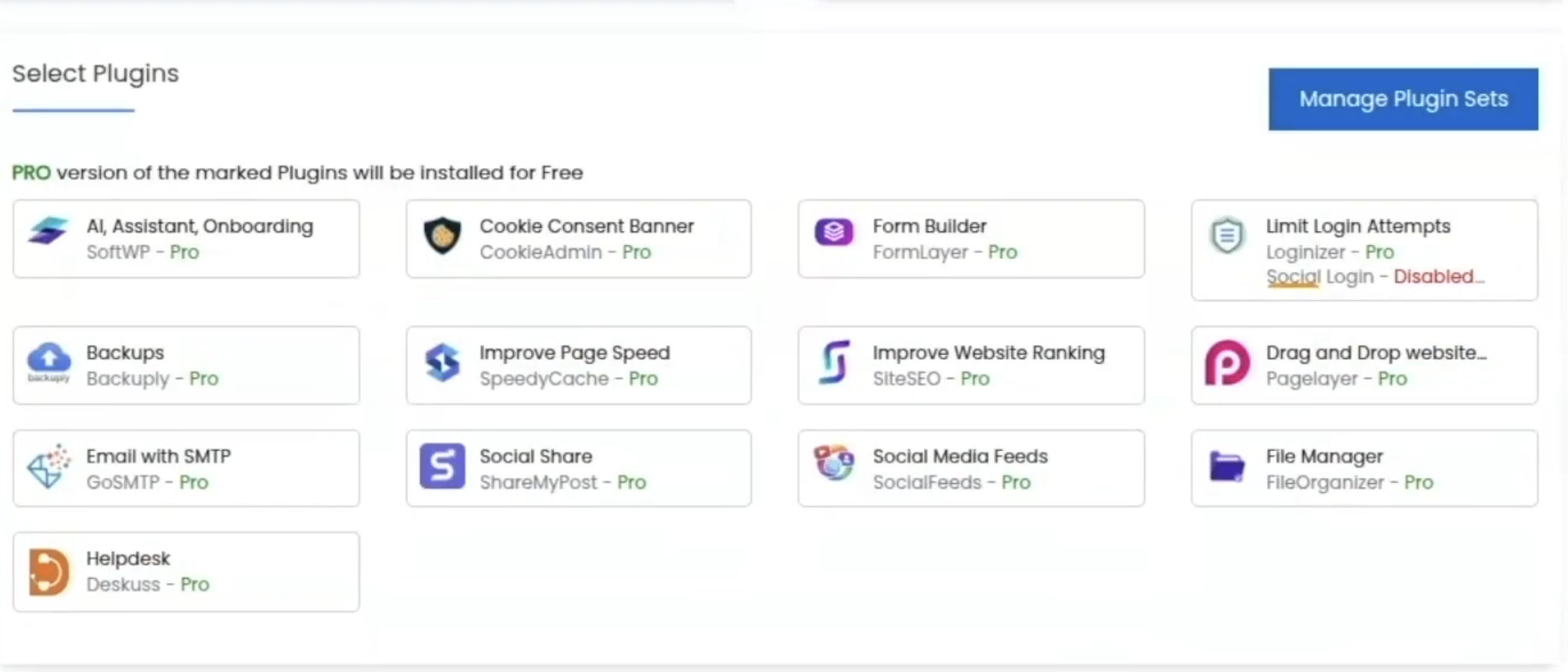 Softaculous WordPress installation page showing optional plugins for security, backups, SEO, caching, forms, and website management.
