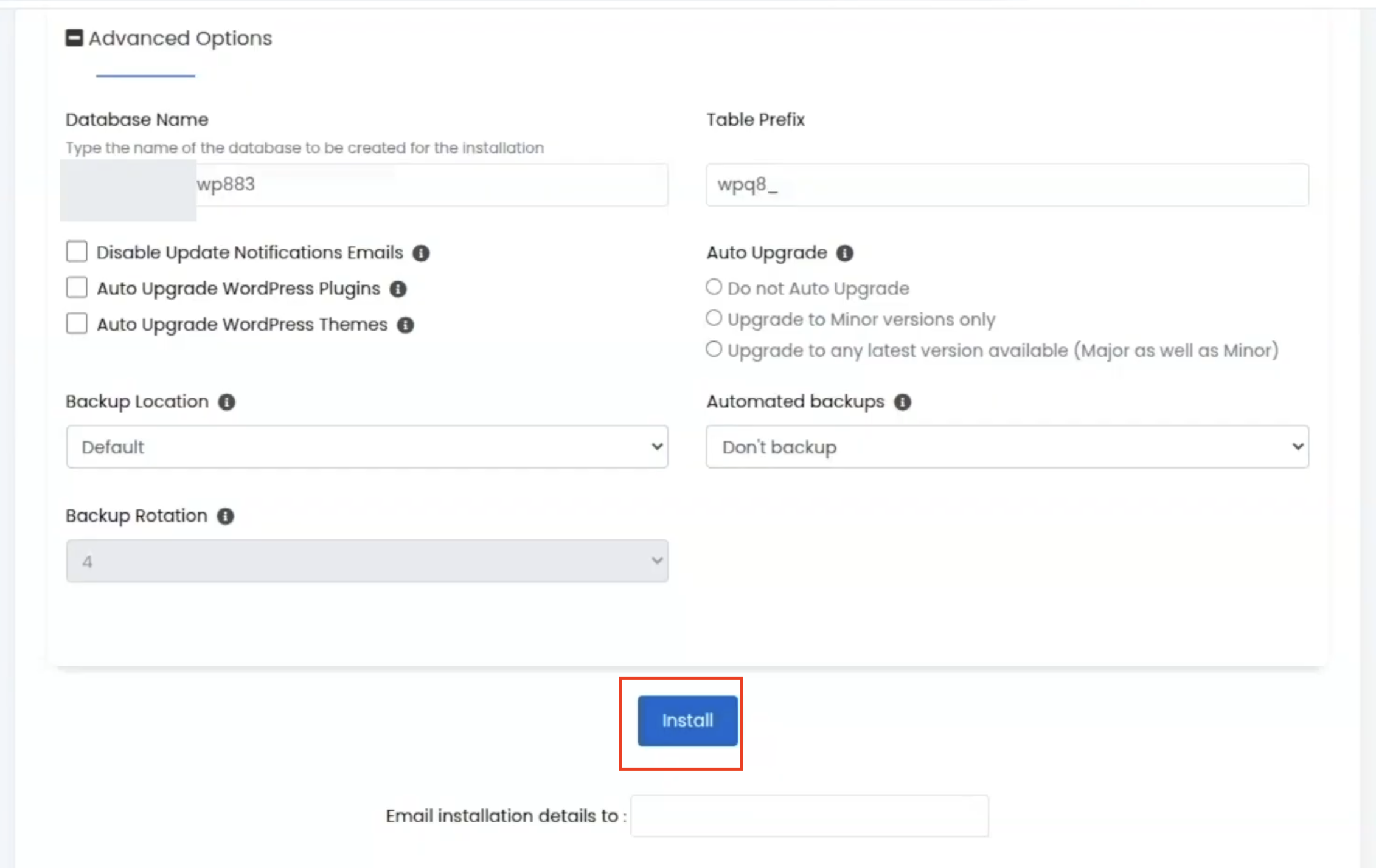 Softaculous WordPress advanced installation options showing database settings, automatic updates, backup configuration, and the Install button.