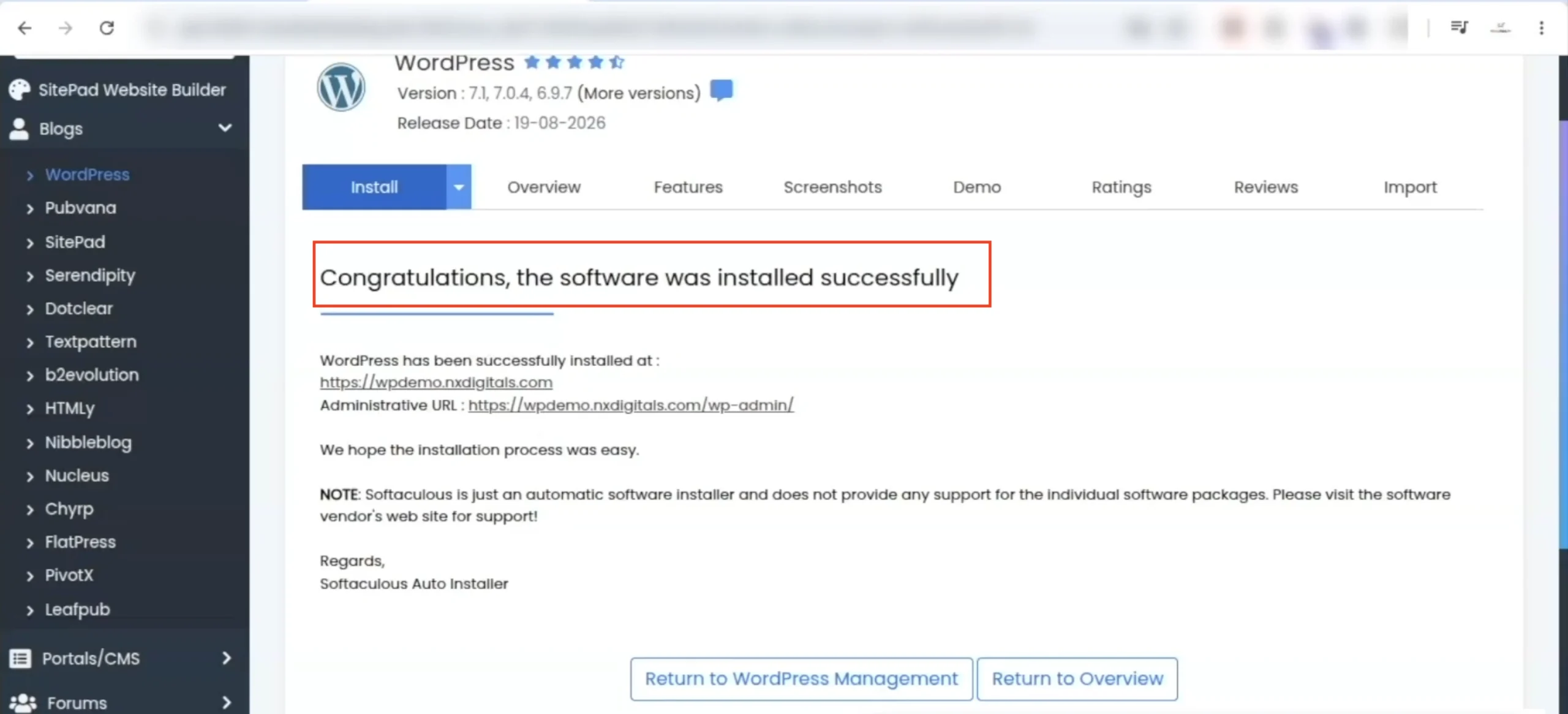 Softaculous WordPress installation success page confirming WordPress was installed successfully and displaying the website and admin URLs.