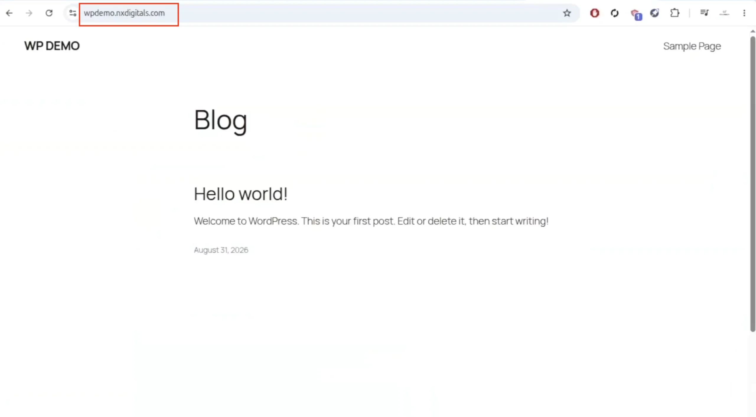 Newly installed WordPress website at wpdemo.nxdigitals.com displaying the default homepage with the Hello world! blog post.