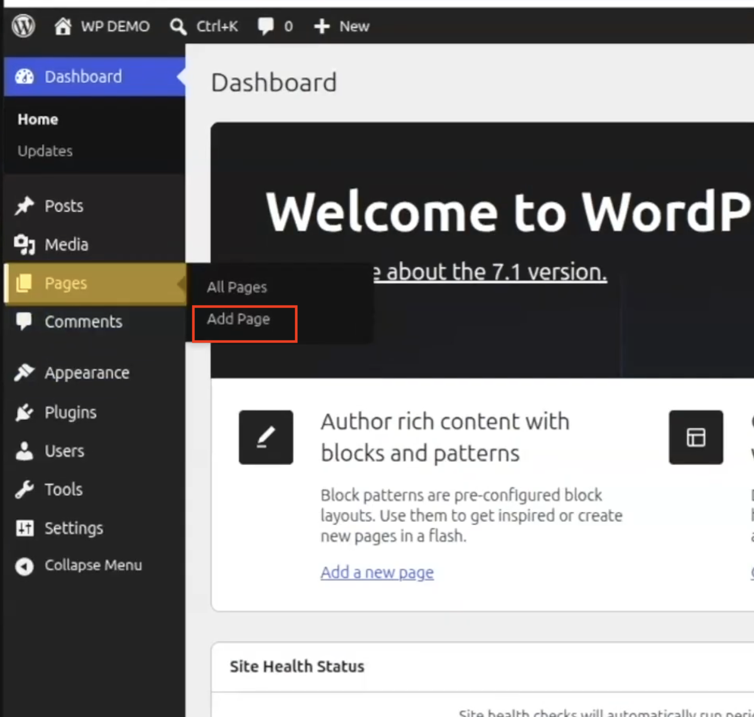 WordPress admin dashboard showing the Pages menu expanded with the Add Page option highlighted to create a new page.