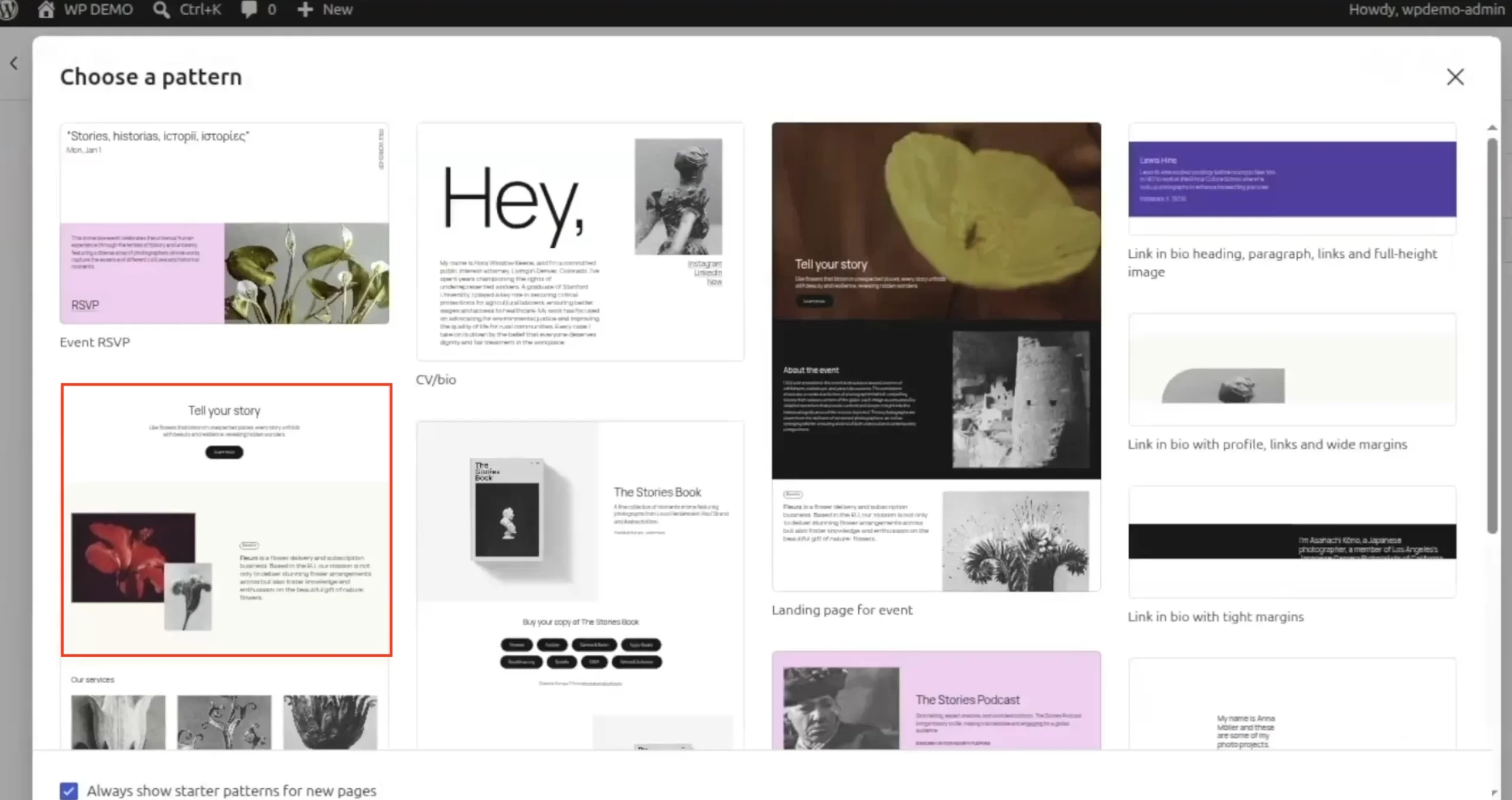 WordPress block editor showing starter page patterns with the Tell Your Story layout highlighted for creating a new page.