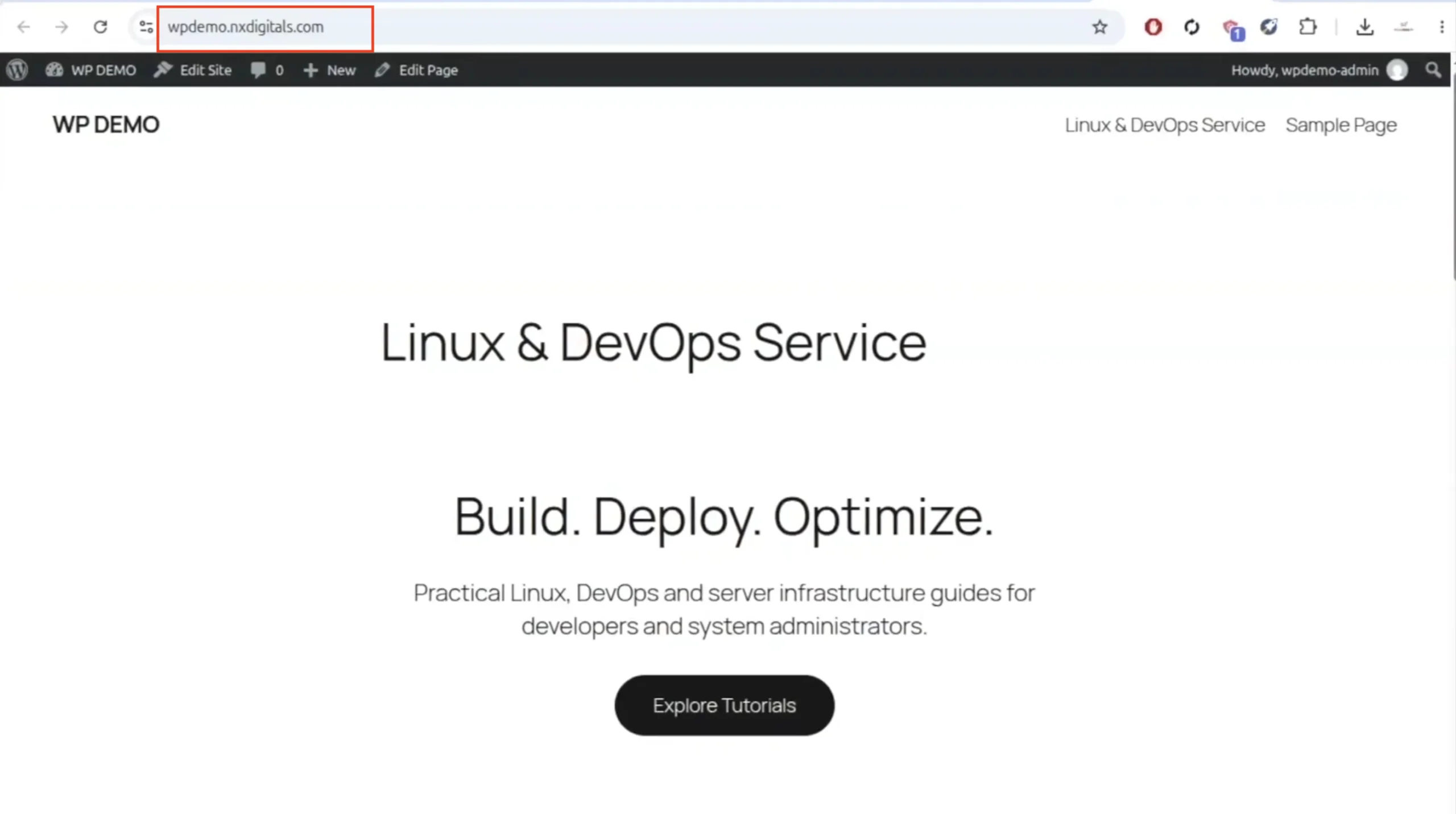 WordPress website displaying the Linux & DevOps Service page with a Build, Deploy, Optimize heading and Explore Tutorials button.