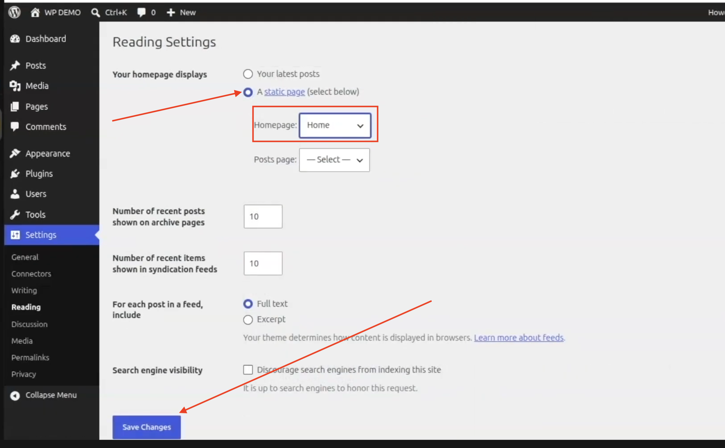 WordPress Reading Settings showing how to set a static homepage, select the Home page, and save changes.