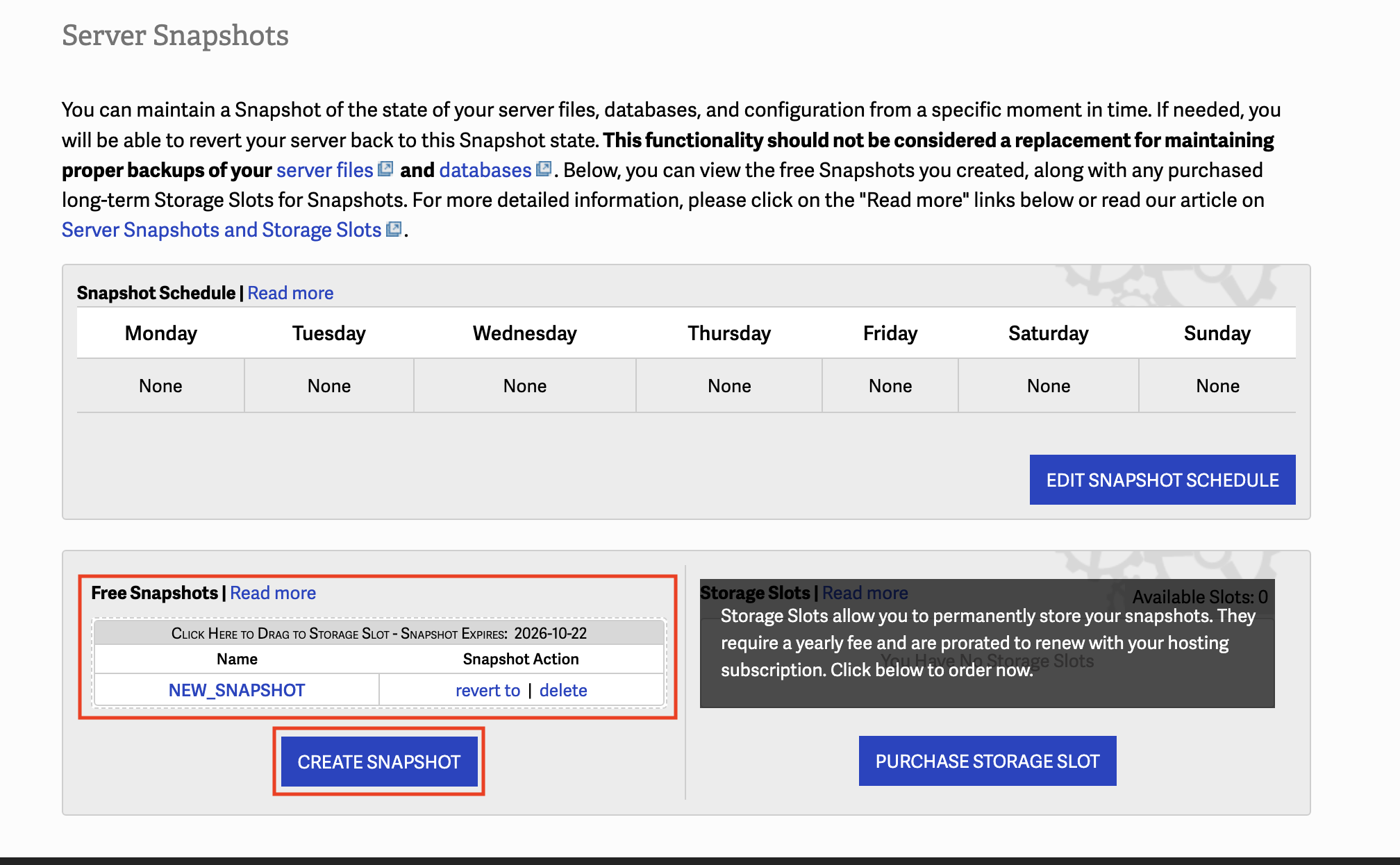 InMotion Hosting Server Snapshots page showing a free snapshot and the Create Snapshot button.