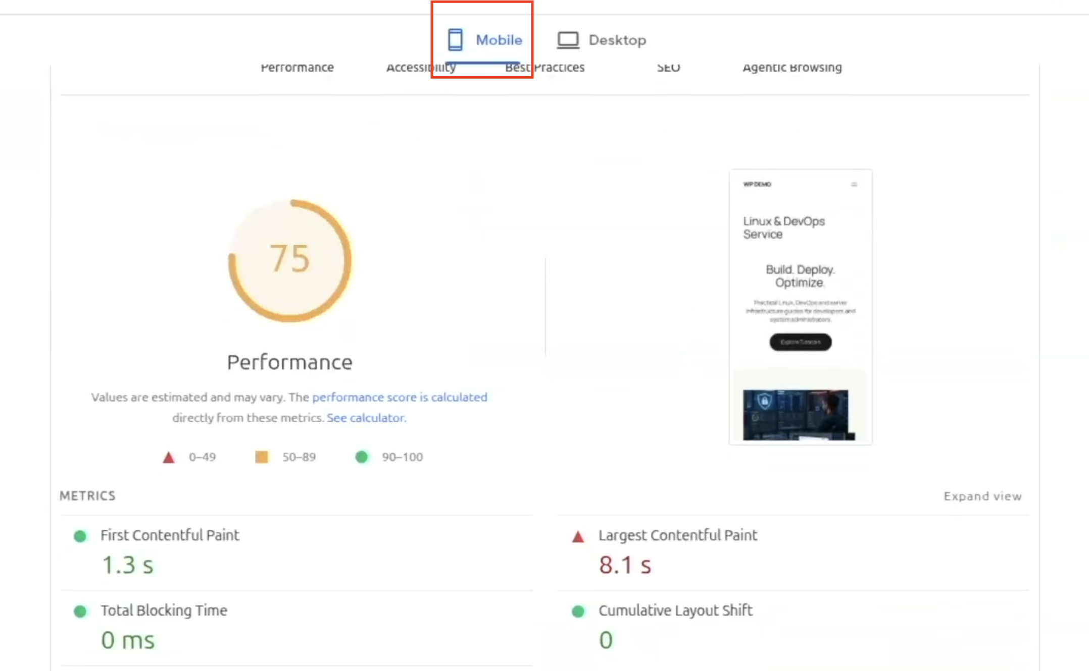 Google PageSpeed Insights mobile performance report showing a score of 75, First Contentful Paint of 1.3 seconds, and Largest Contentful Paint of 8.1 seconds.