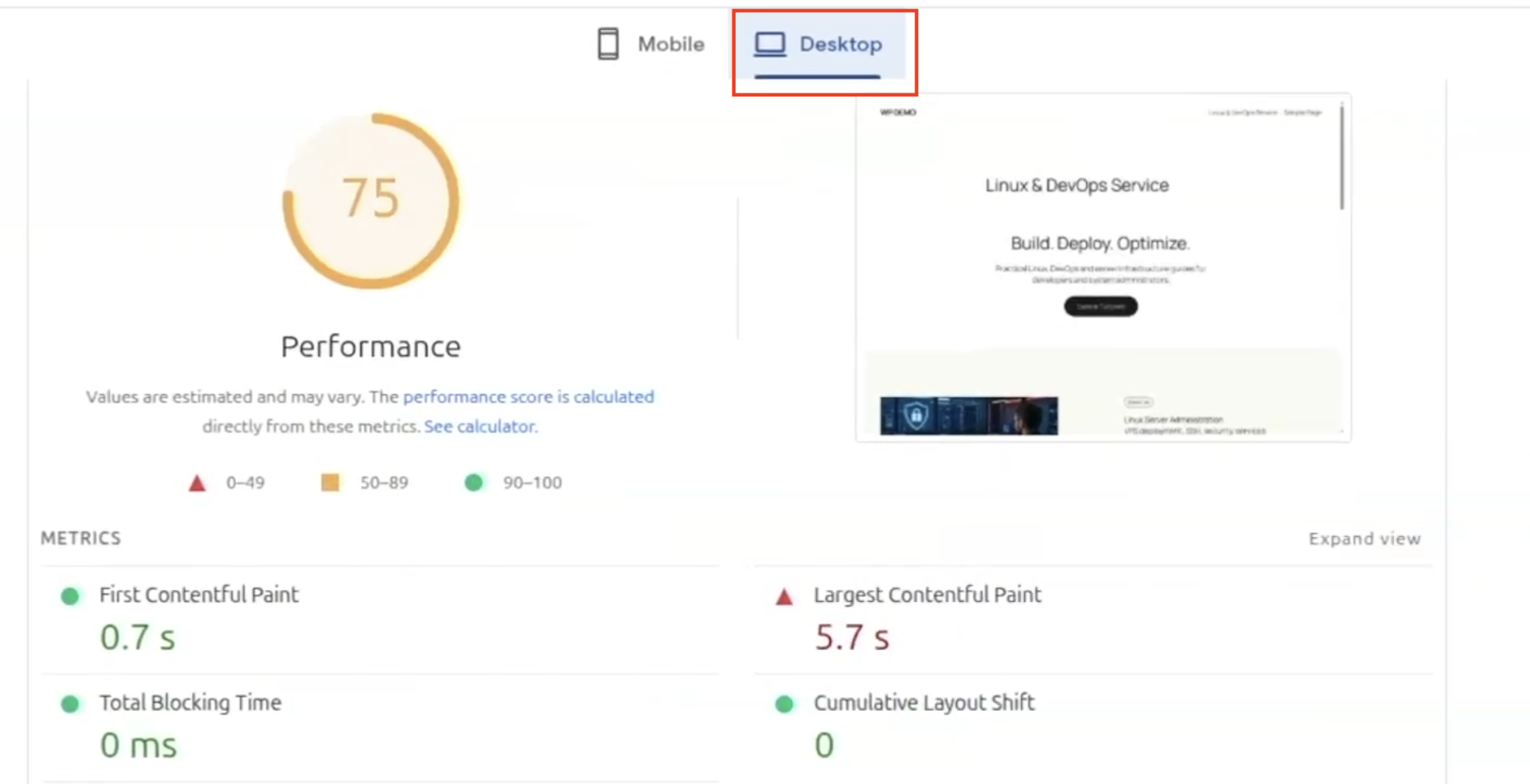 Google PageSpeed Insights desktop performance report showing a score of 75, First Contentful Paint of 0.7 seconds, and Largest Contentful Paint of 5.7 seconds.