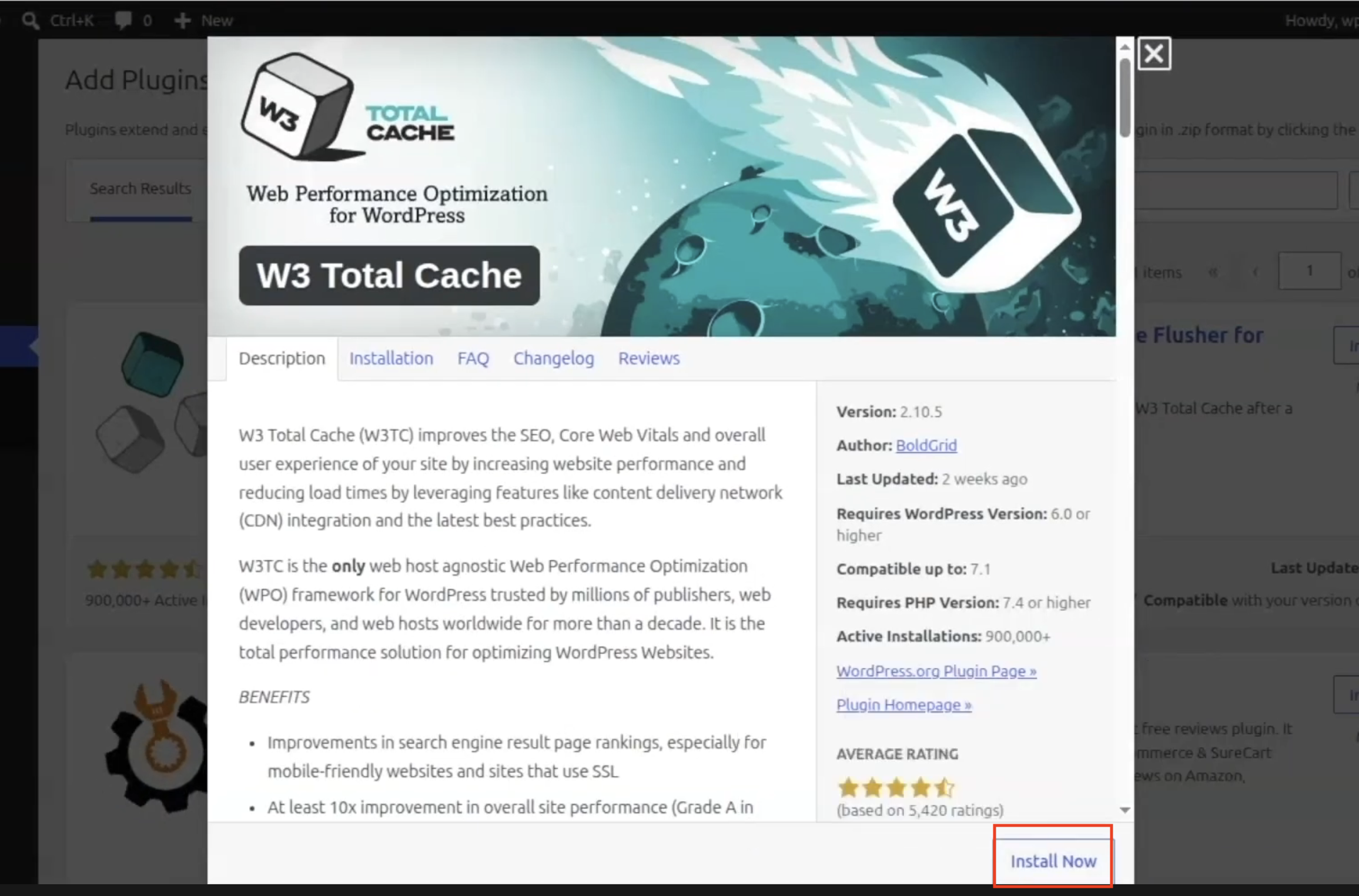 WordPress W3 Total Cache plugin details showing performance optimization features and the Install Now button.