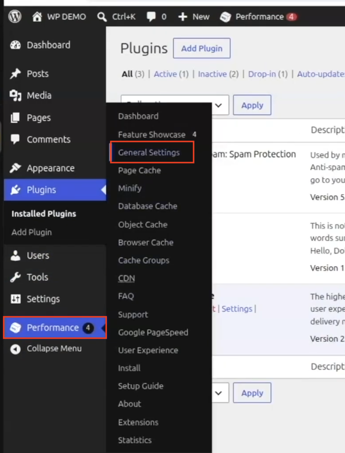 WordPress dashboard showing the W3 Total Cache Performance menu expanded with General Settings highlighted.