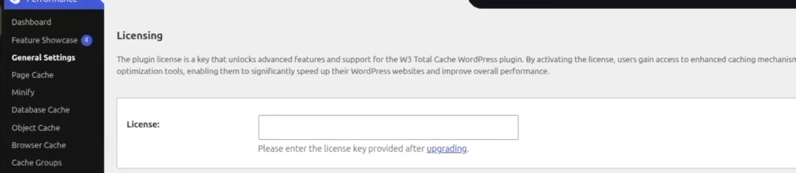 W3 Total Cache General Settings page in WordPress showing the Licensing section and license key field for activating premium features.