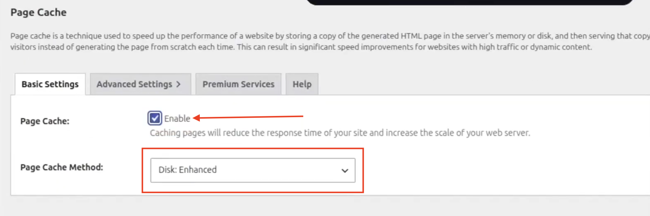 W3 Total Cache Page Cache settings in WordPress showing page caching enabled with the Disk: Enhanced caching method selected.
