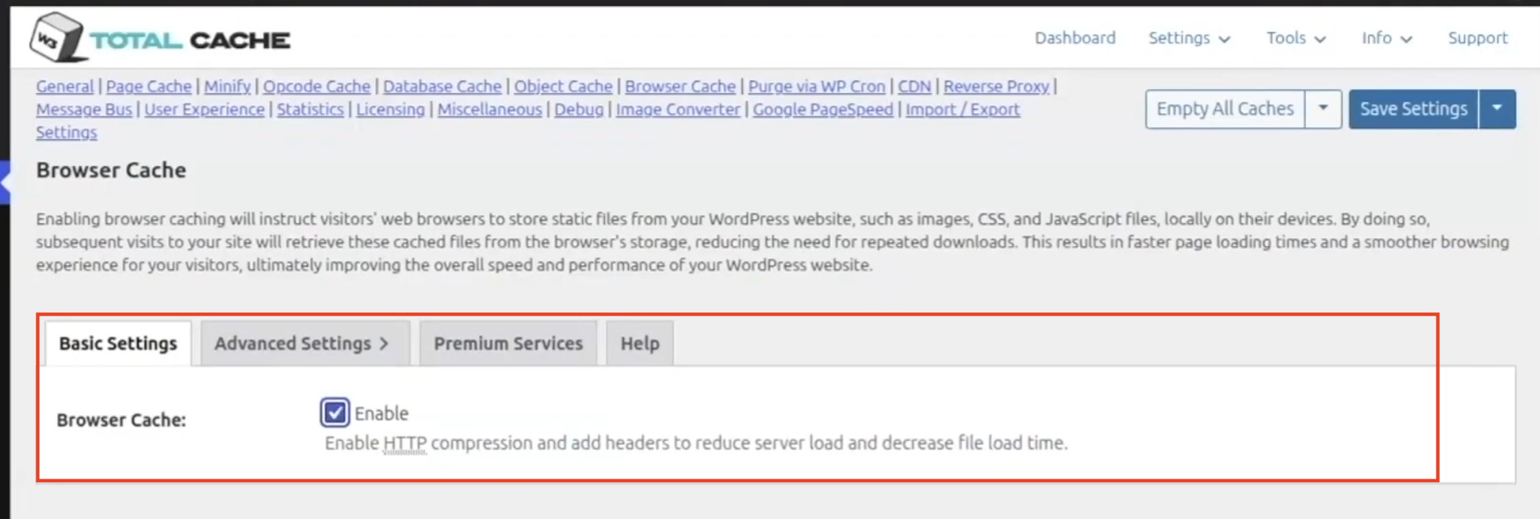 W3 Total Cache Browser Cache settings in WordPress showing browser caching enabled to improve website loading speed.