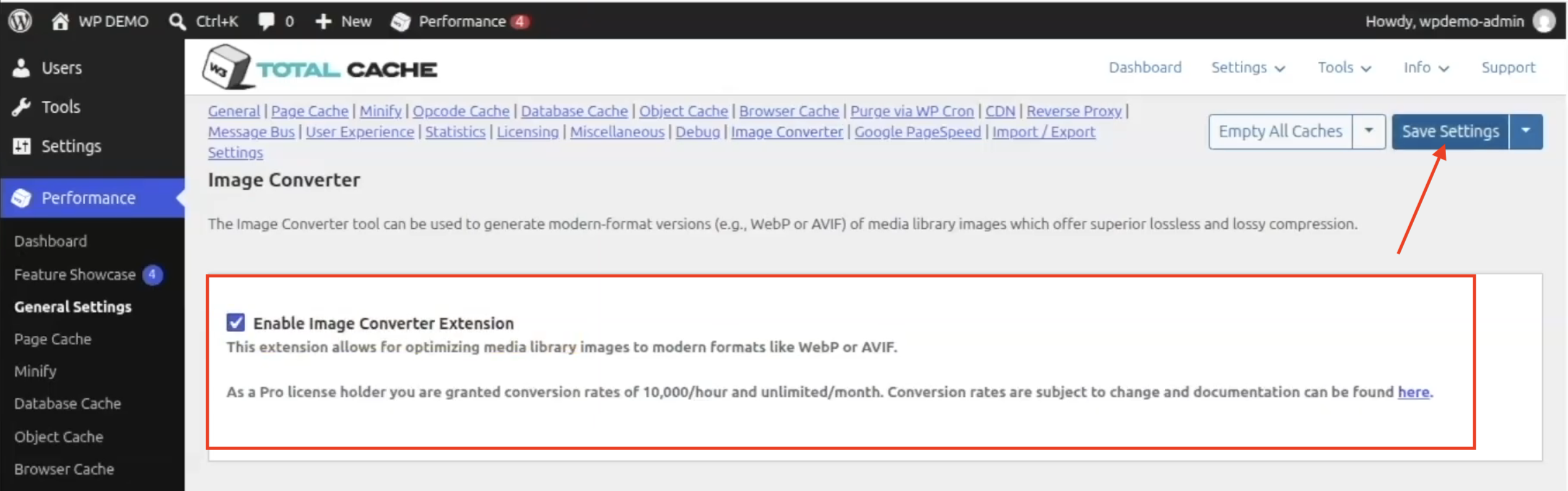 W3 Total Cache Image Converter settings in WordPress showing the option to enable WebP and AVIF image optimization and save settings.
