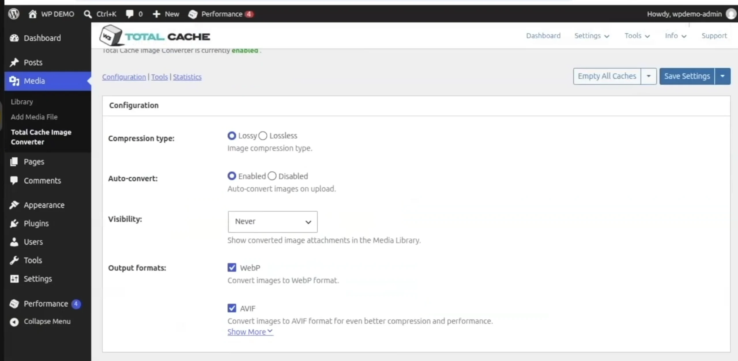 W3 Total Cache Image Converter settings in WordPress showing lossy compression, automatic image conversion, and WebP and AVIF output formats enabled.