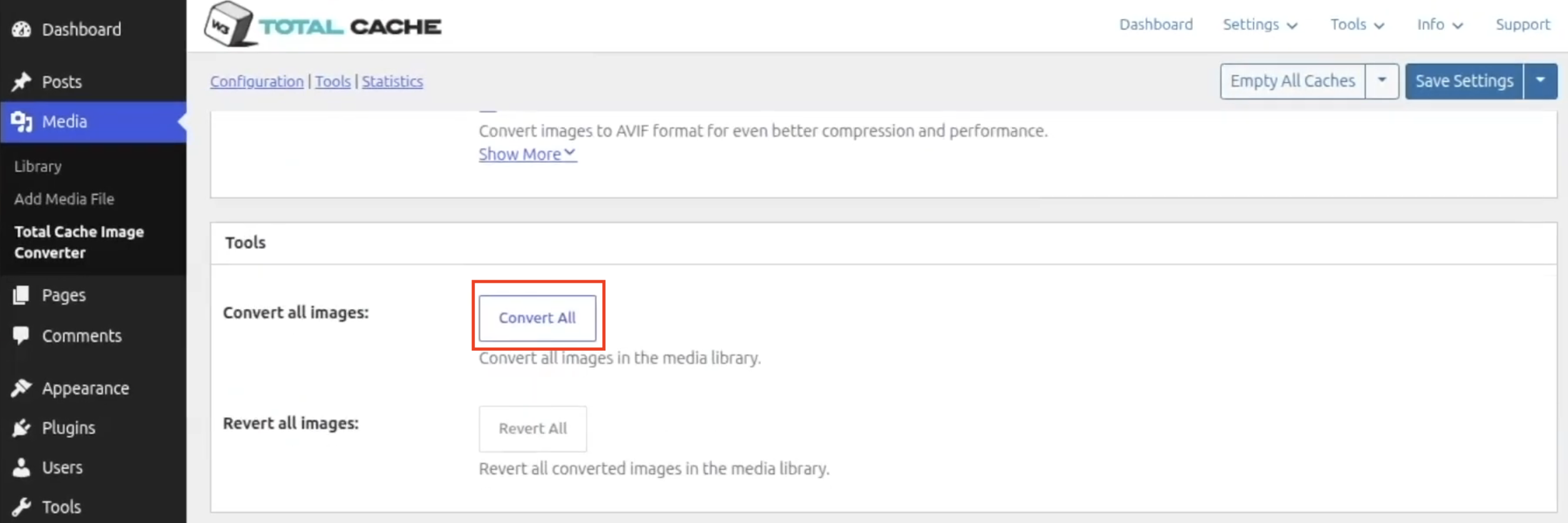 W3 Total Cache Image Converter in WordPress showing the Convert All button for converting existing media library images to WebP and AVIF formats.
