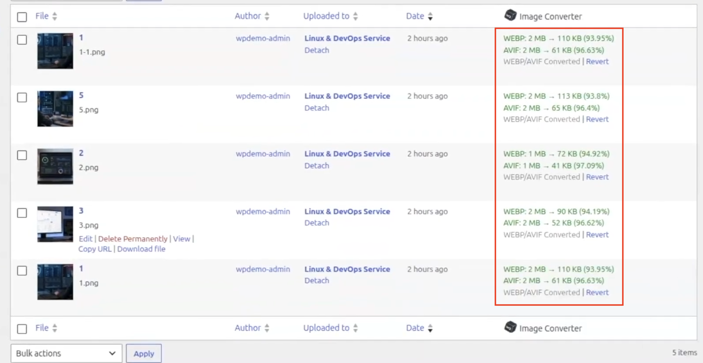 WordPress Media Library showing W3 Total Cache Image Converter results with WebP and AVIF images reduced in file size by over 93%.