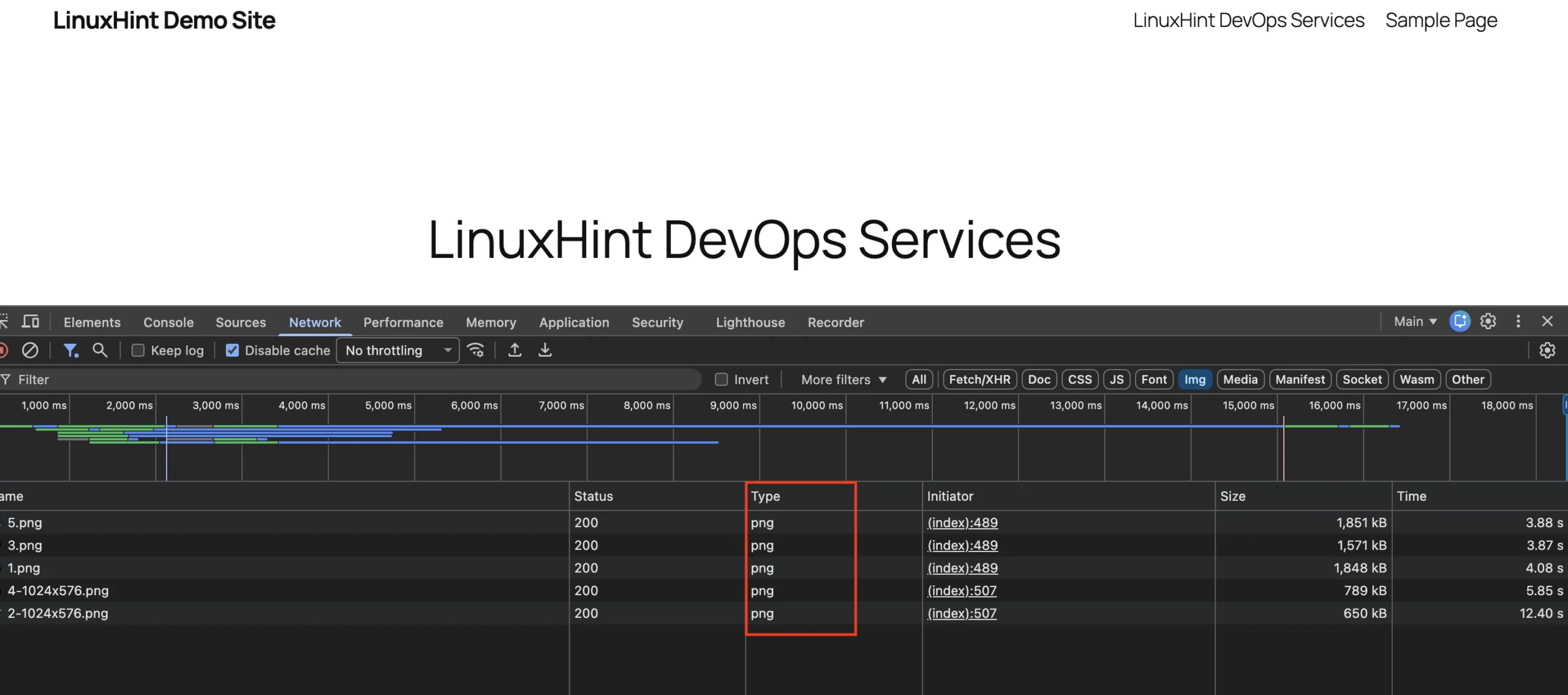 Chrome DevTools Network tab showing PNG image requests, file sizes, and loading times for the LinuxHint DevOps demo website.