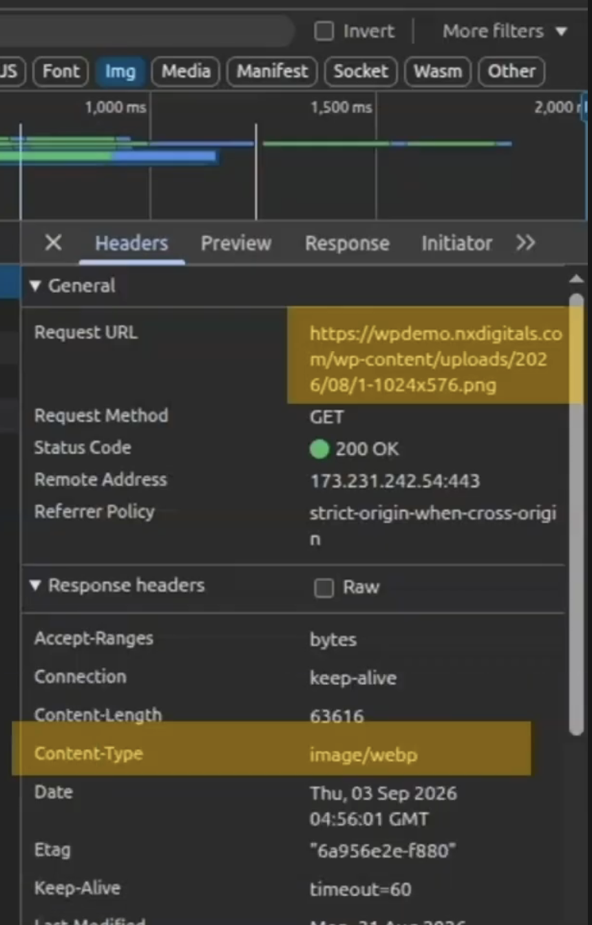 Chrome DevTools Network headers showing a PNG image URL served as image/webp, confirming WebP image delivery.
