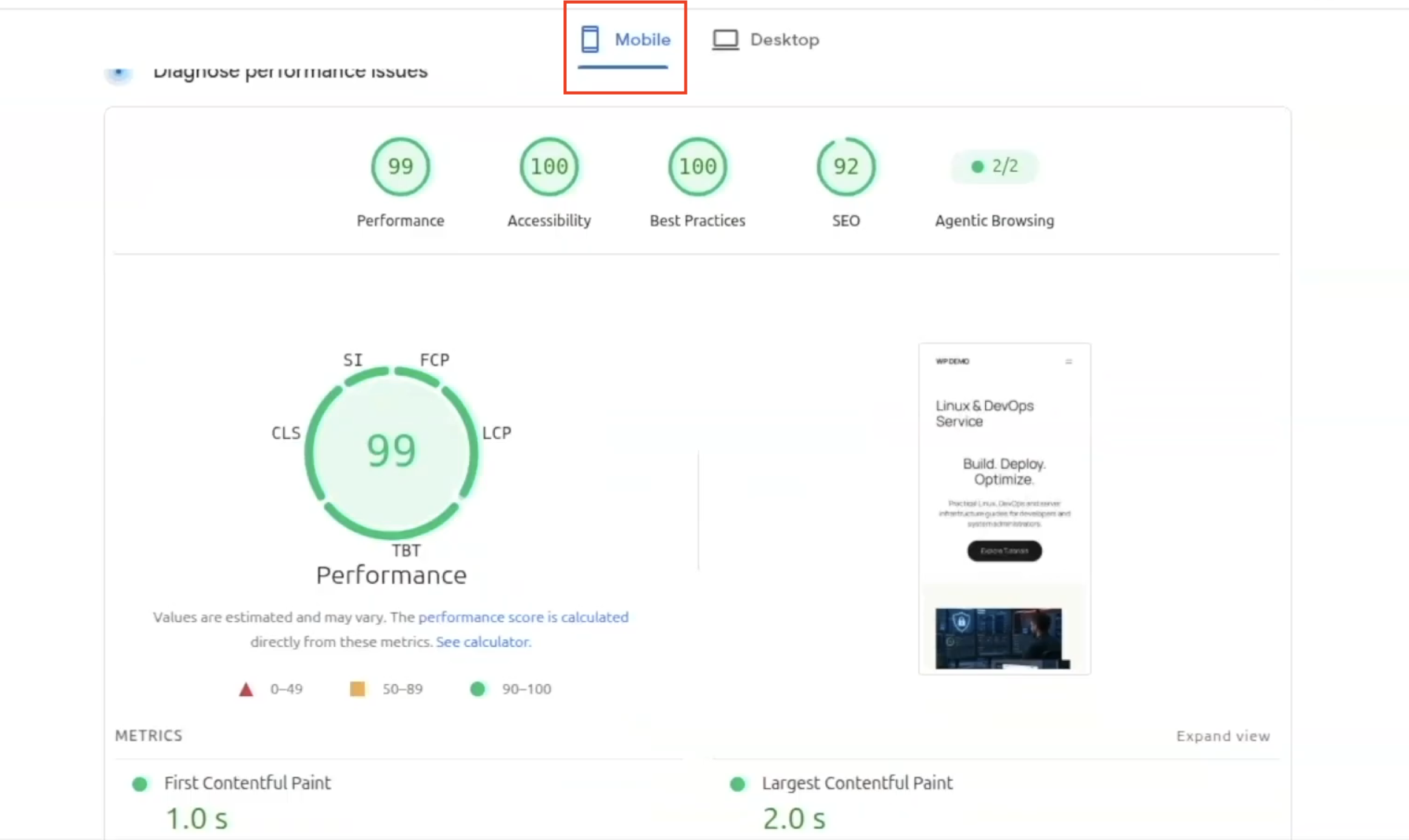 Google PageSpeed Insights mobile performance report showing a score of 99, Accessibility 100, Best Practices 100, and SEO 92 after WordPress optimization.