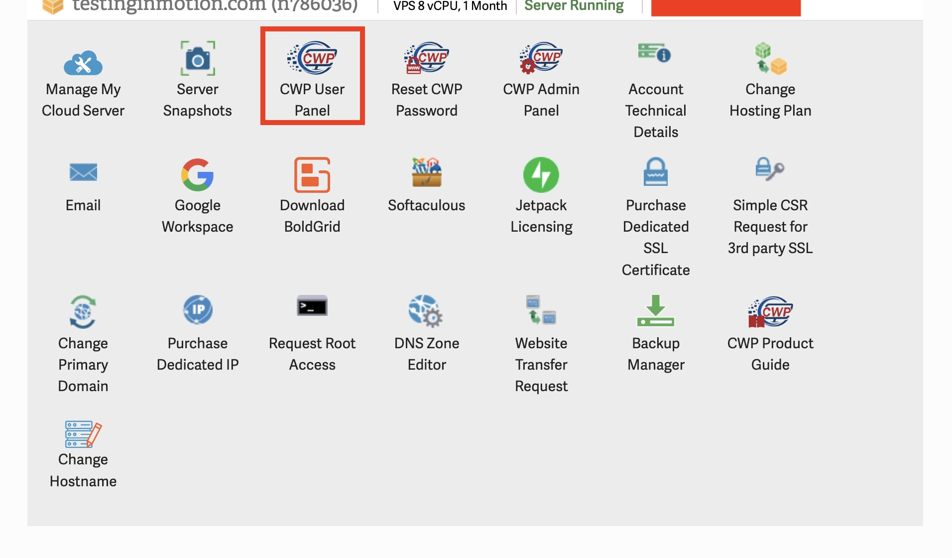 InMotion Hosting VPS dashboard showing the CWP User Panel option highlighted for accessing the server control panel.
