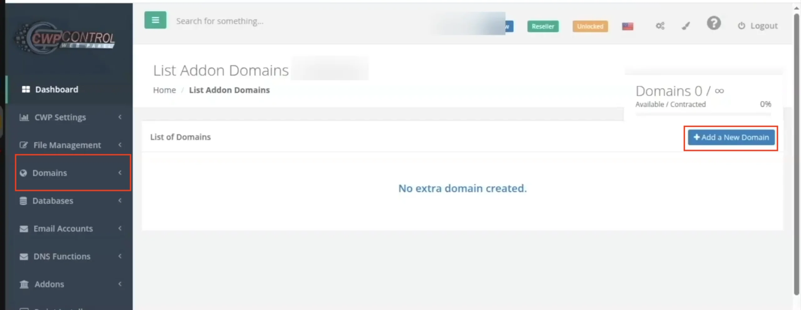 CWP Control Web Panel showing the Domains section and Add a New Domain button for creating an addon domain.
