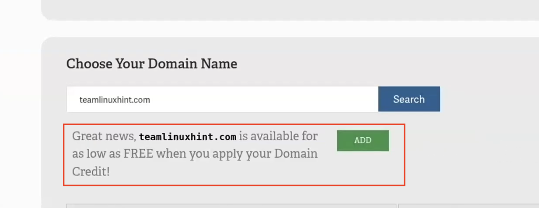 InMotion Hosting domain search showing teamlinuxhint.com available for registration with a free domain credit.