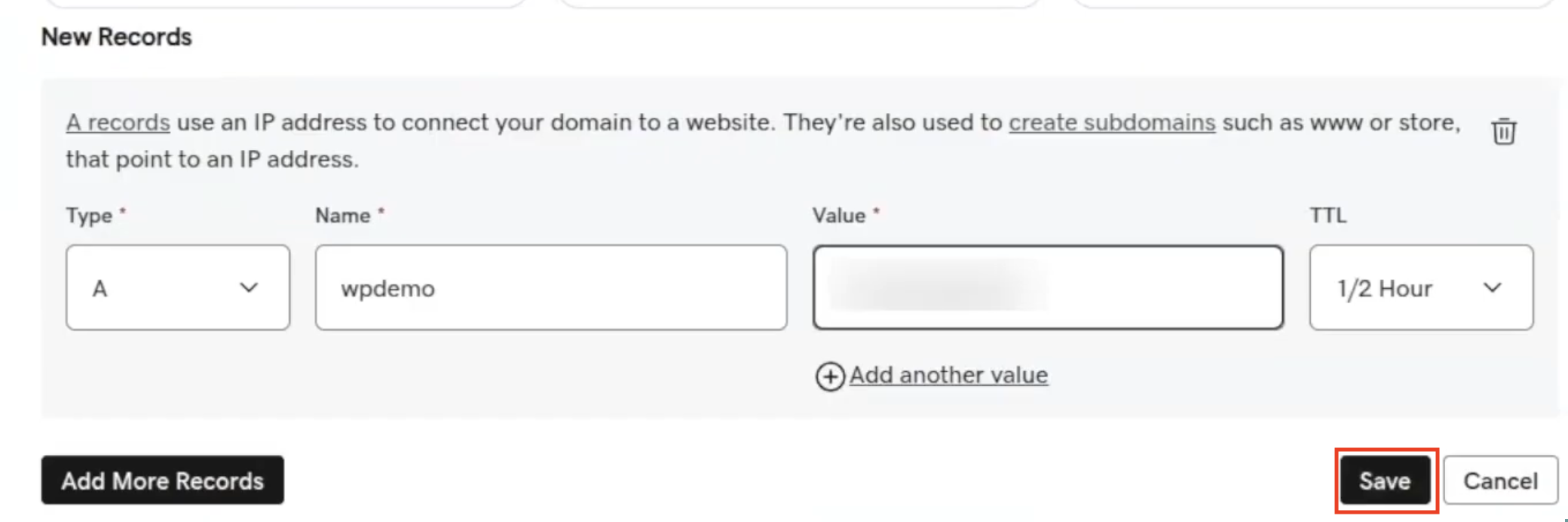 DNS settings showing how to create an A record for the wpdemo subdomain with an IP address and 30-minute TTL.