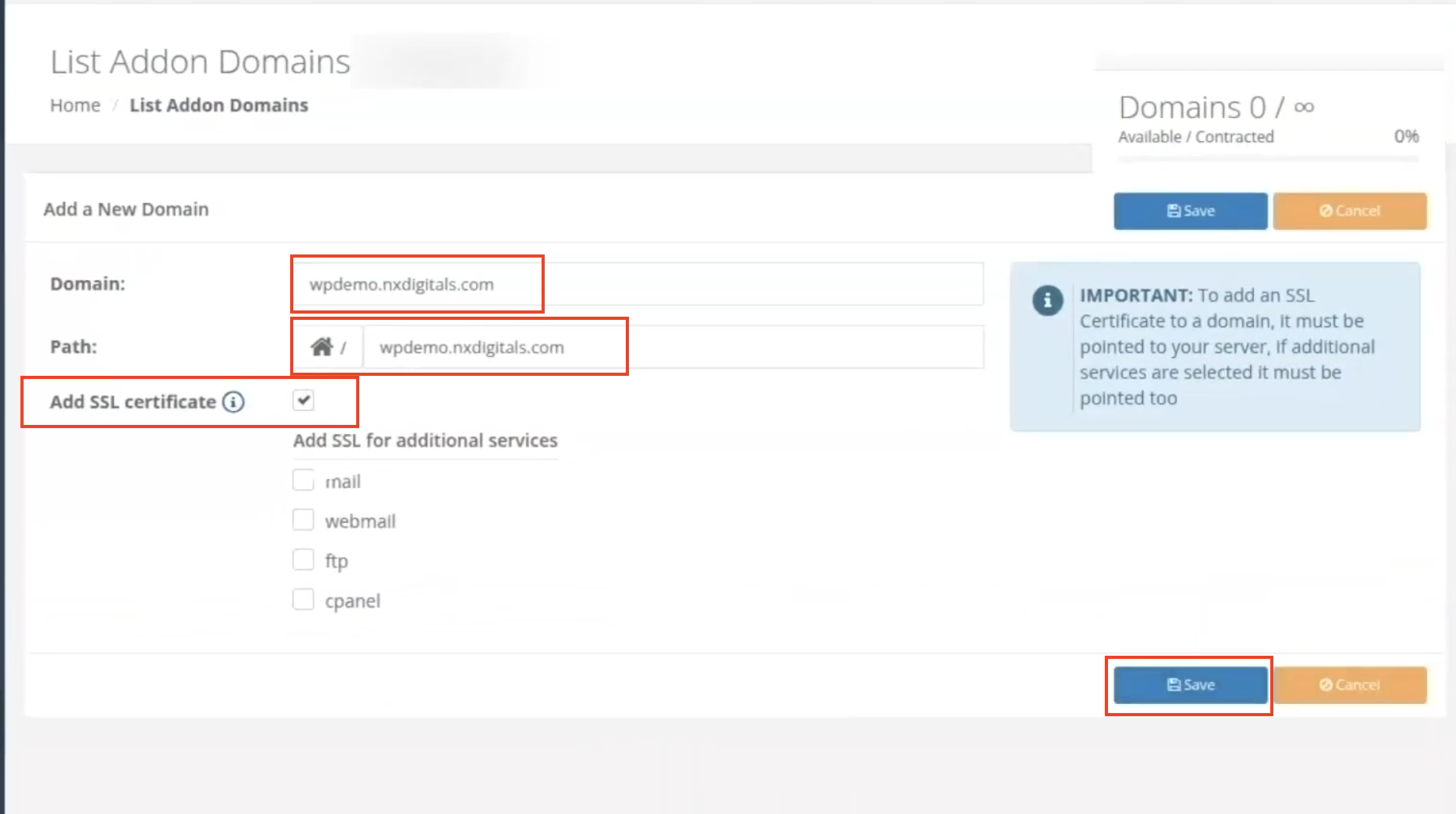 CWP Control Web Panel showing how to add a new domain, configure its directory path, enable an SSL certificate, and save the settings.