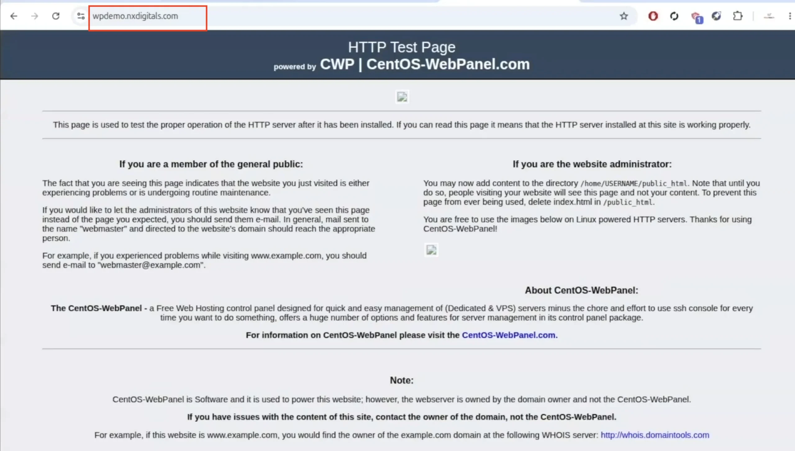 CWP CentOS Web Panel HTTP test page displayed after setting up the wpdemo.nxdigitals.com subdomain, confirming the web server is working.